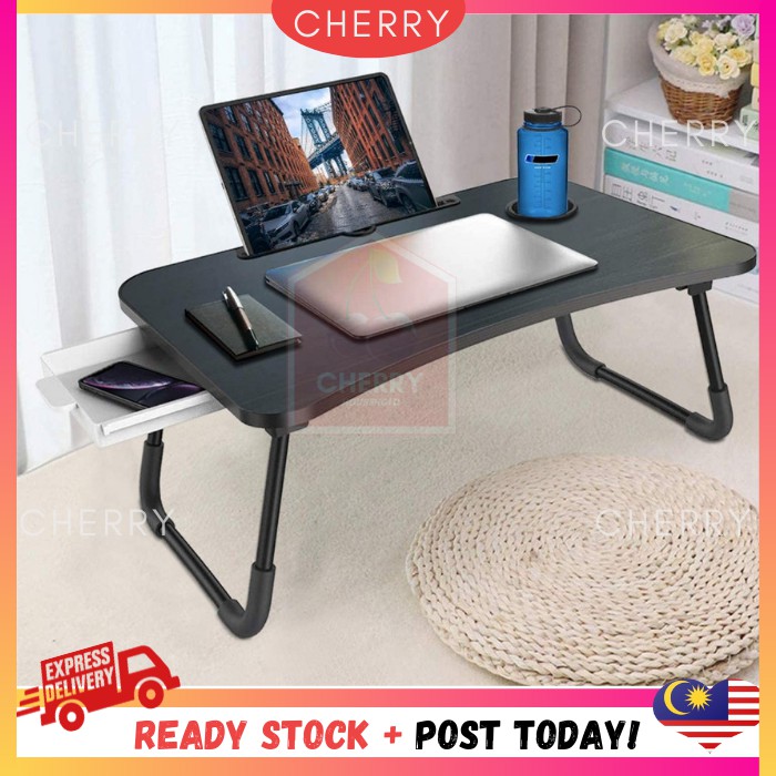 CHERRYFoldable Anti-slip Laptop Study Table Drawer Notebook Multipurpose Portable Computer Desk Meja Lipat Serbaguna