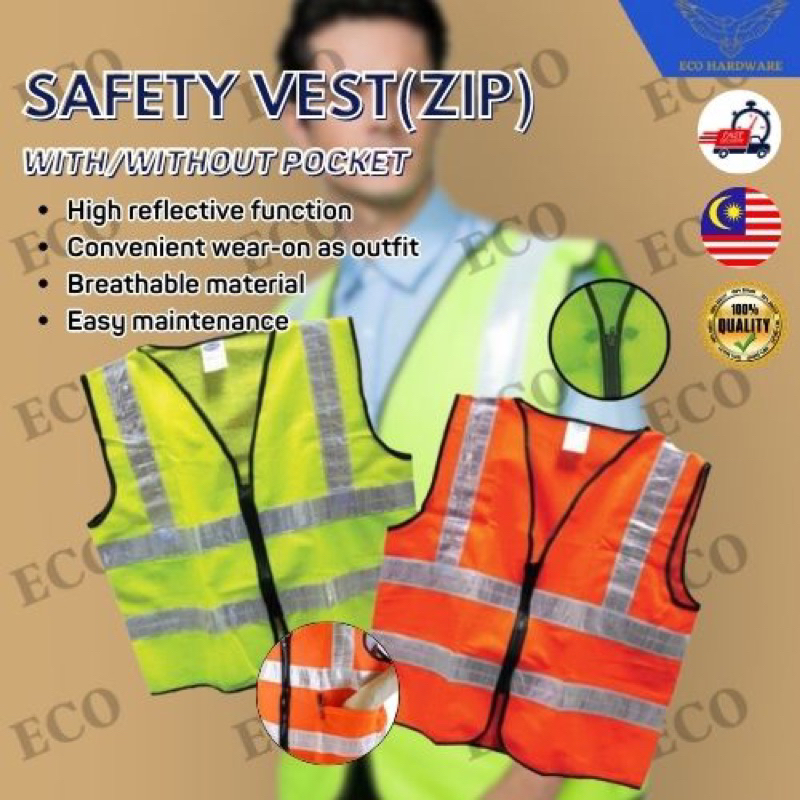 Economy Safety Vest L/D Orange Green Netting Reflective Coat Jaket Keselamatan Light Duty Coat/Zip-Type Waistcoat